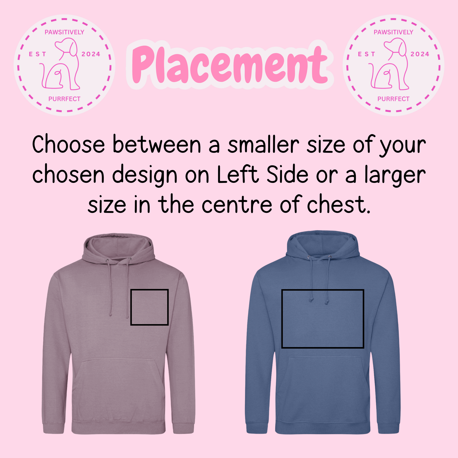 Two hoodies, one gray and one blue, on a pink background with text about design placement.