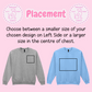 Two sweatshirts, one gray and one blue, with black square designs on a pink background with text about design placement.