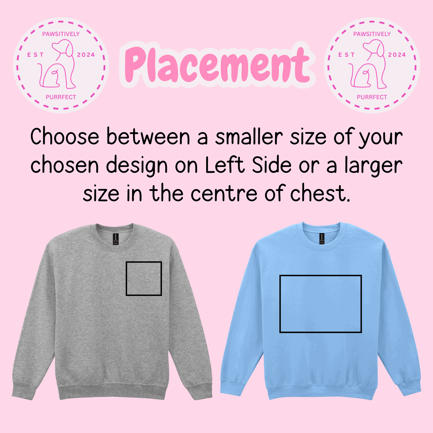 Two sweatshirts, one gray and one blue, with black square designs on a pink background with text about design placement.