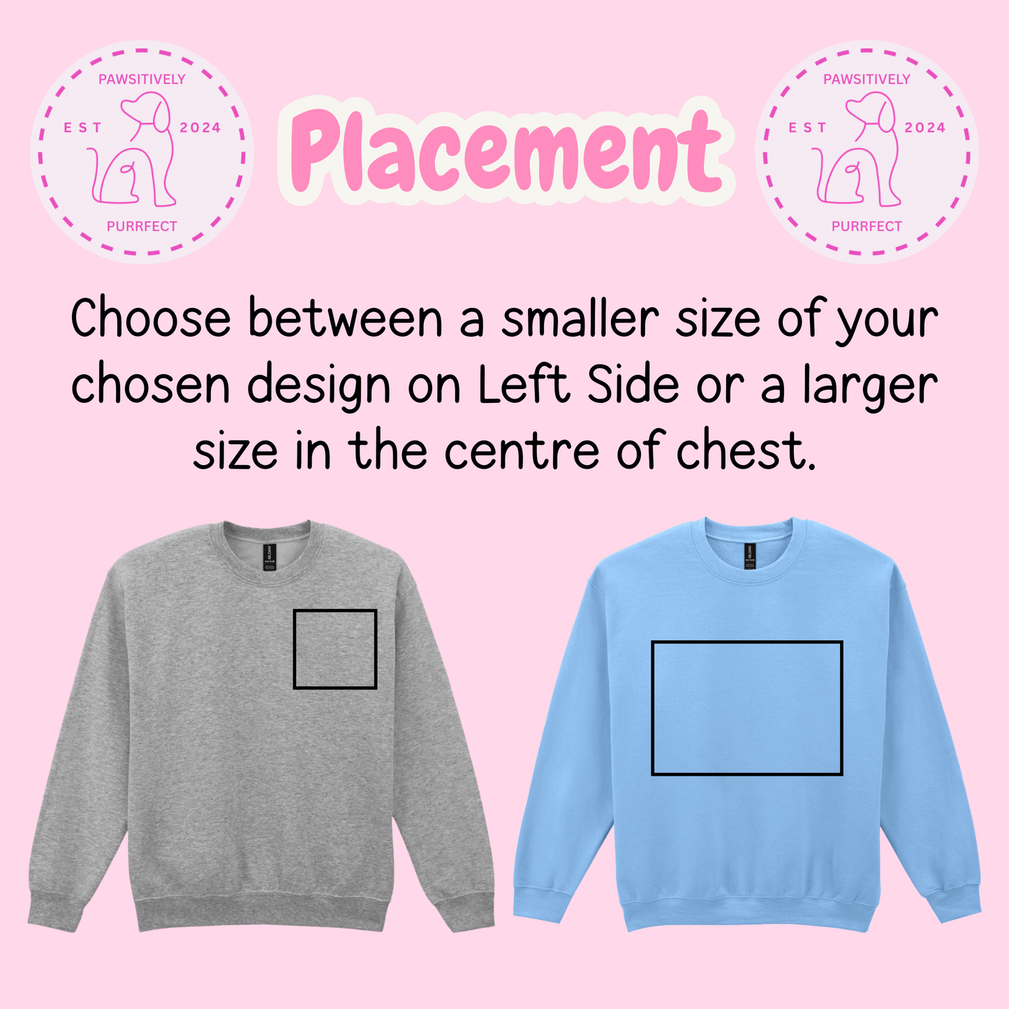 Two sweatshirts, one gray and one blue, with black square designs on a pink background with text about design placement.