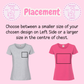 Two t-shirts, one gray and one pink, with a black square on a pink background, displaying text about design placement.