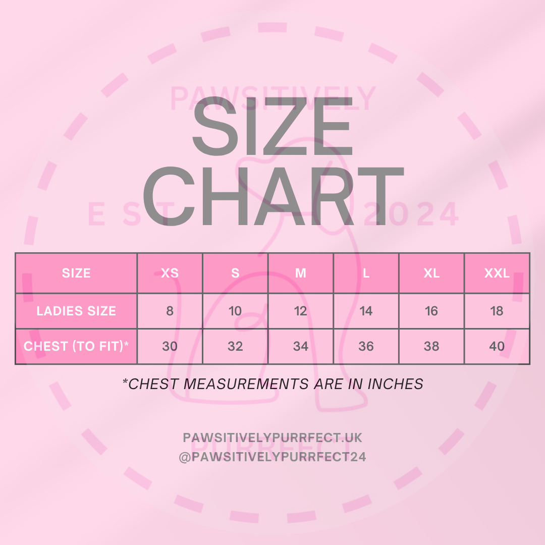 Size chart for clothing on a pink background with brand name 'PAWSITIVELY PURRfect' visible.