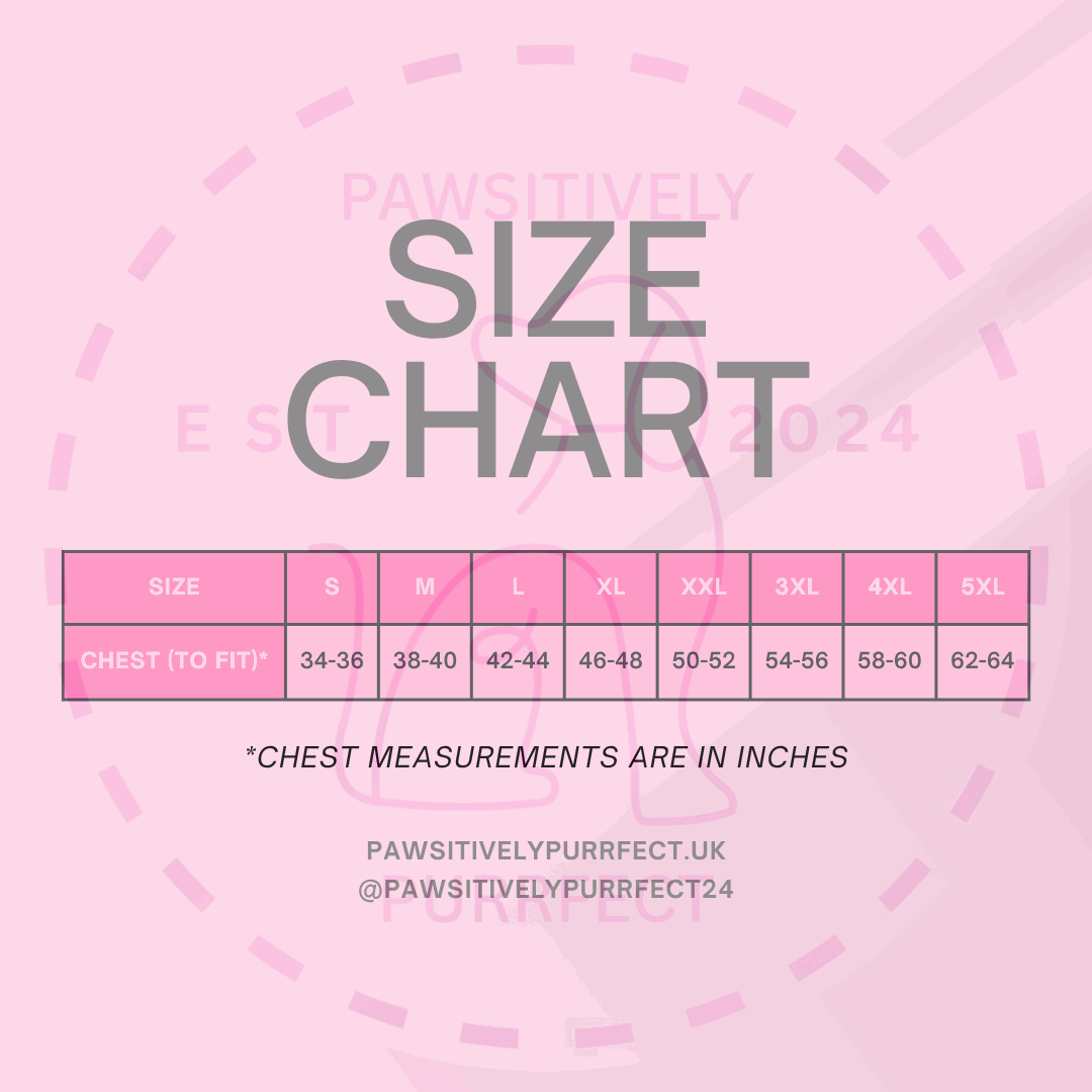 Size chart for clothing on a pink background with 'PAWSITIVELY' branding.