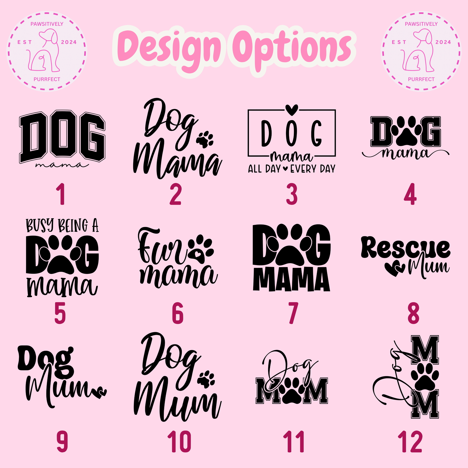Collection of dog-themed design options on a pink background
