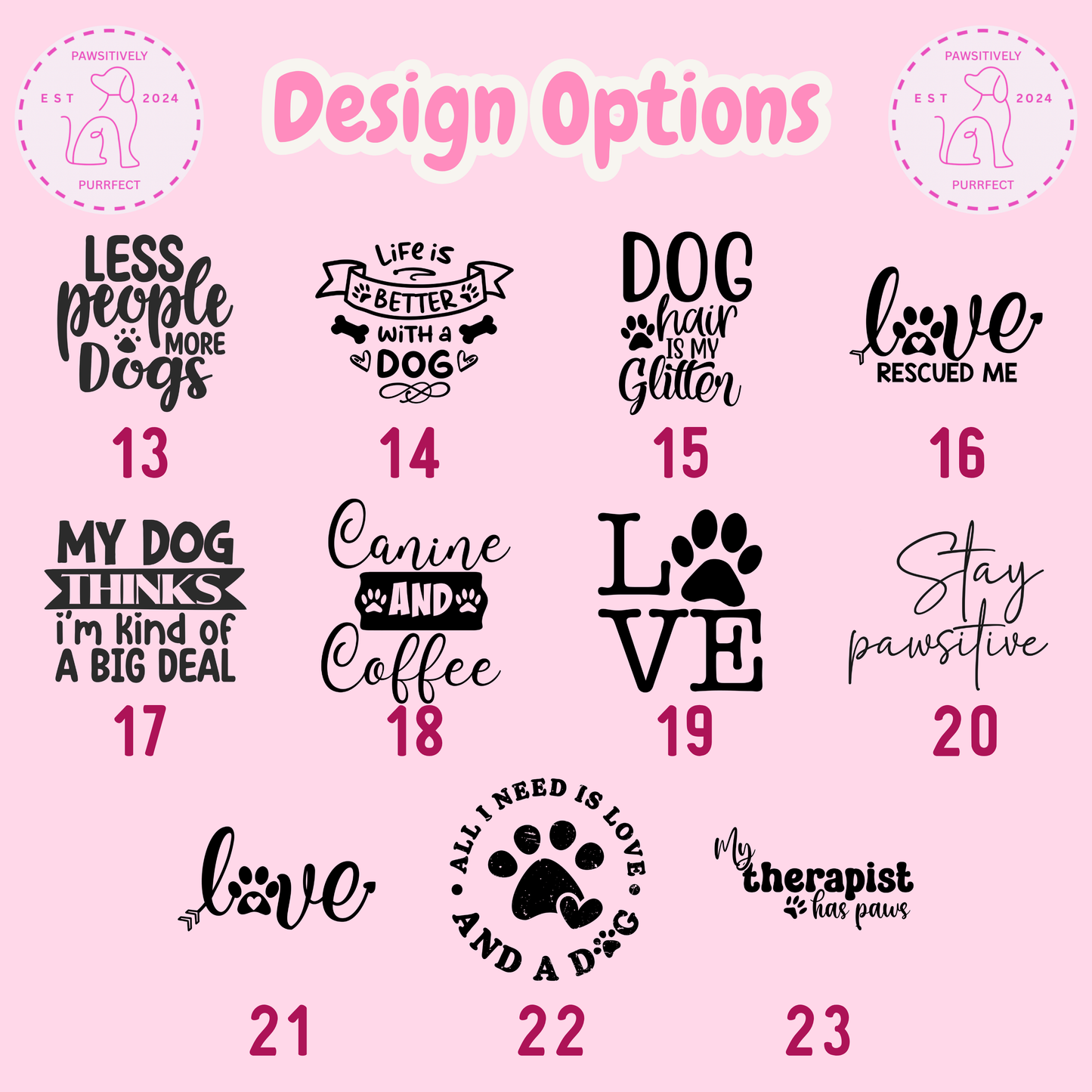 Collection of dog-themed design options on a pink background