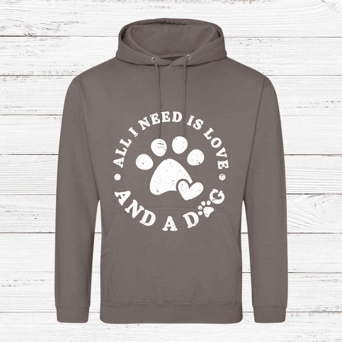 White hoodie with All I Need Is Love and a Dog design