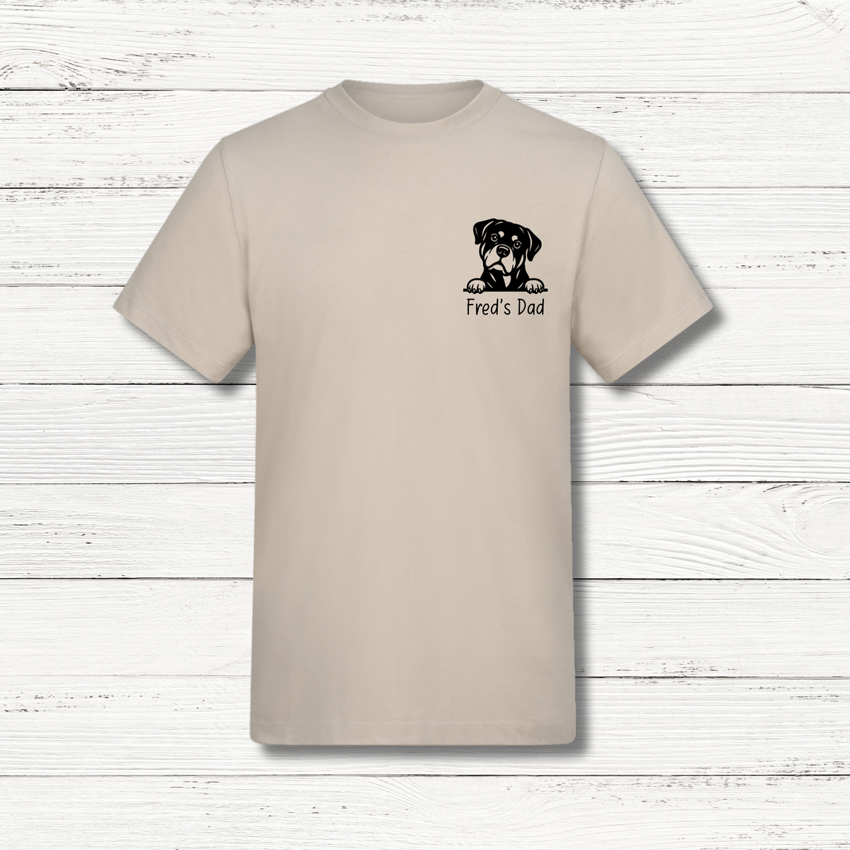 Beige personalised peeking dog T-shirt with custom dog design