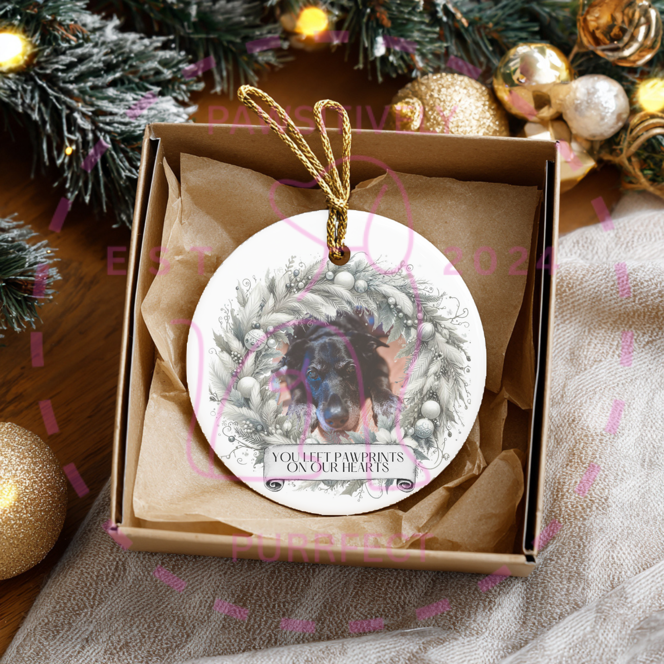 Memorial Christmas ornament created from a beloved pet's photograph.
