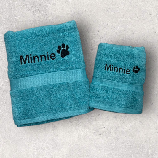 Embroidered personalised pet towel bundle with hand and bath towels