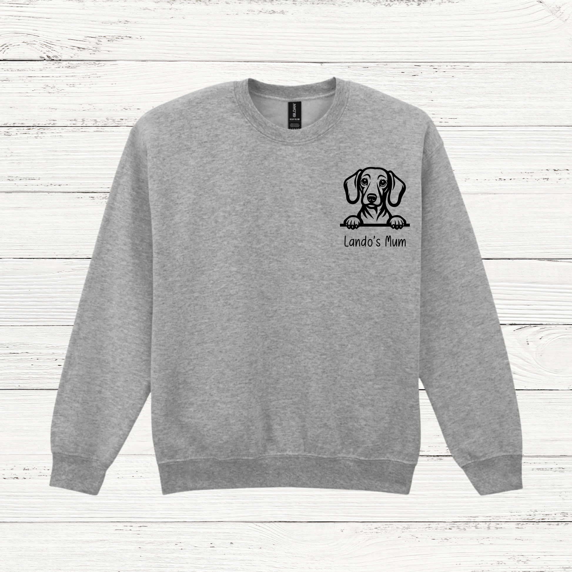 Grey personalised peeking dog sweatshirt with custom dog design