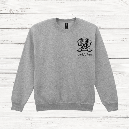 Grey personalised peeking dog sweatshirt with custom dog design