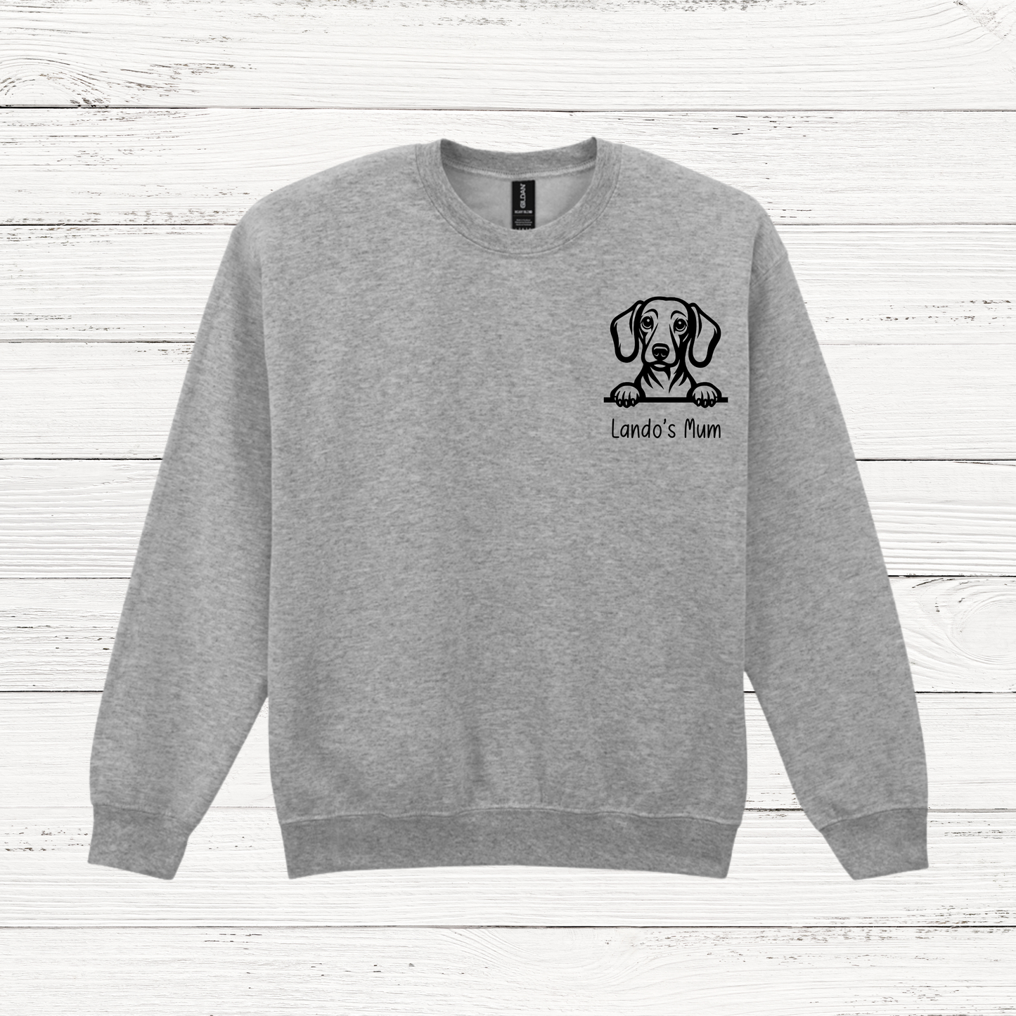 Grey personalised peeking dog sweatshirt with custom dog design