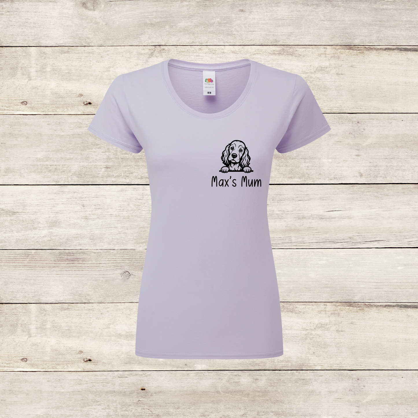 Lavender women's T-shirt with personalised peeking dog design