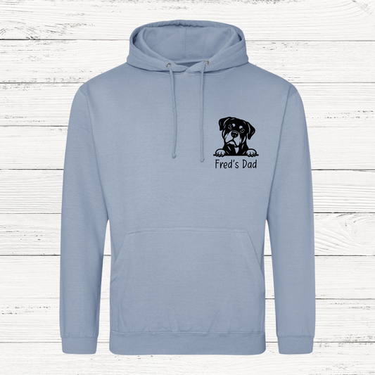 Light blue personalised peeking dog hoodie with custom dog design