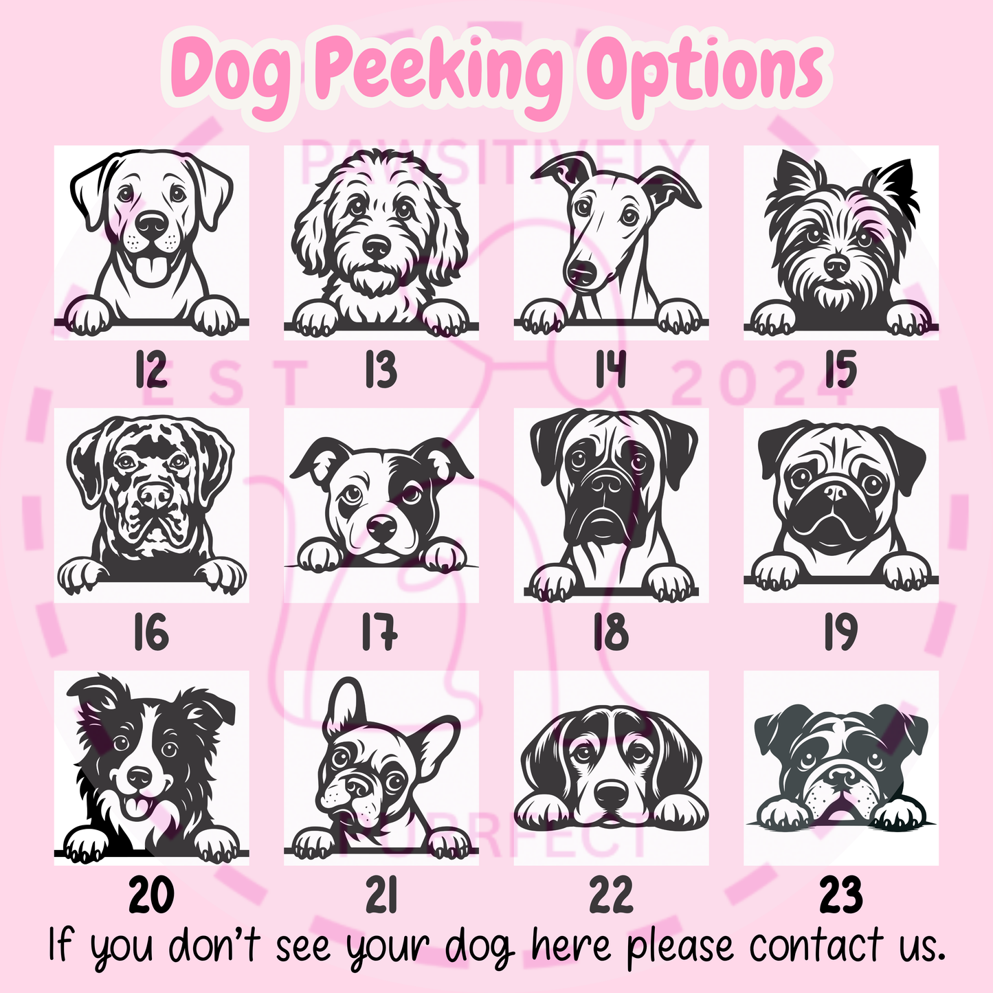 Peeking dog breed design options for personalised T-shirts