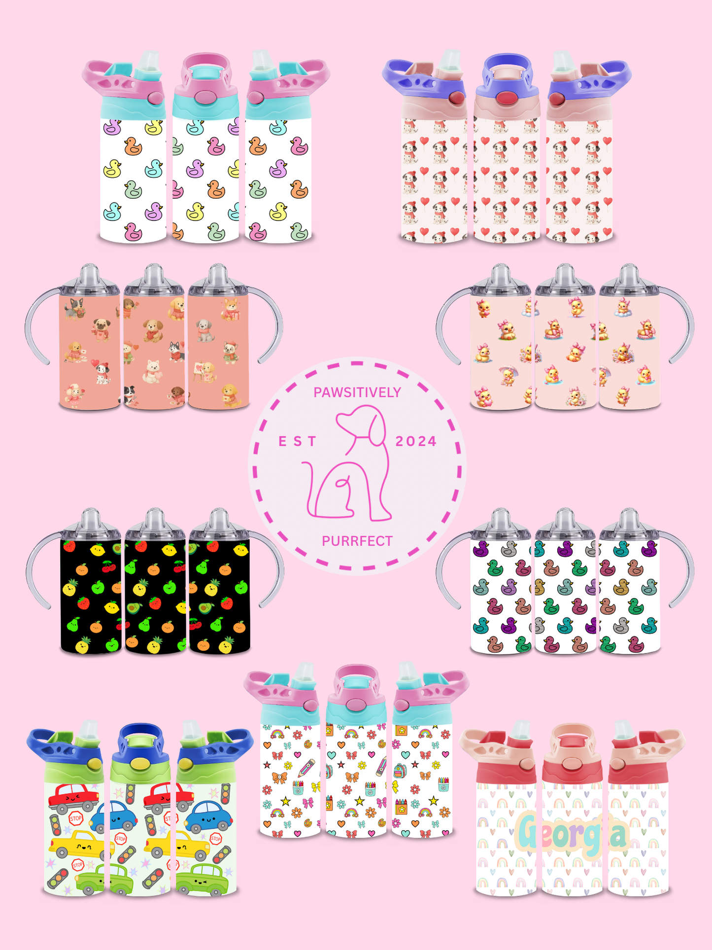 Personalised kids themed tumblers with colourful designsbackground