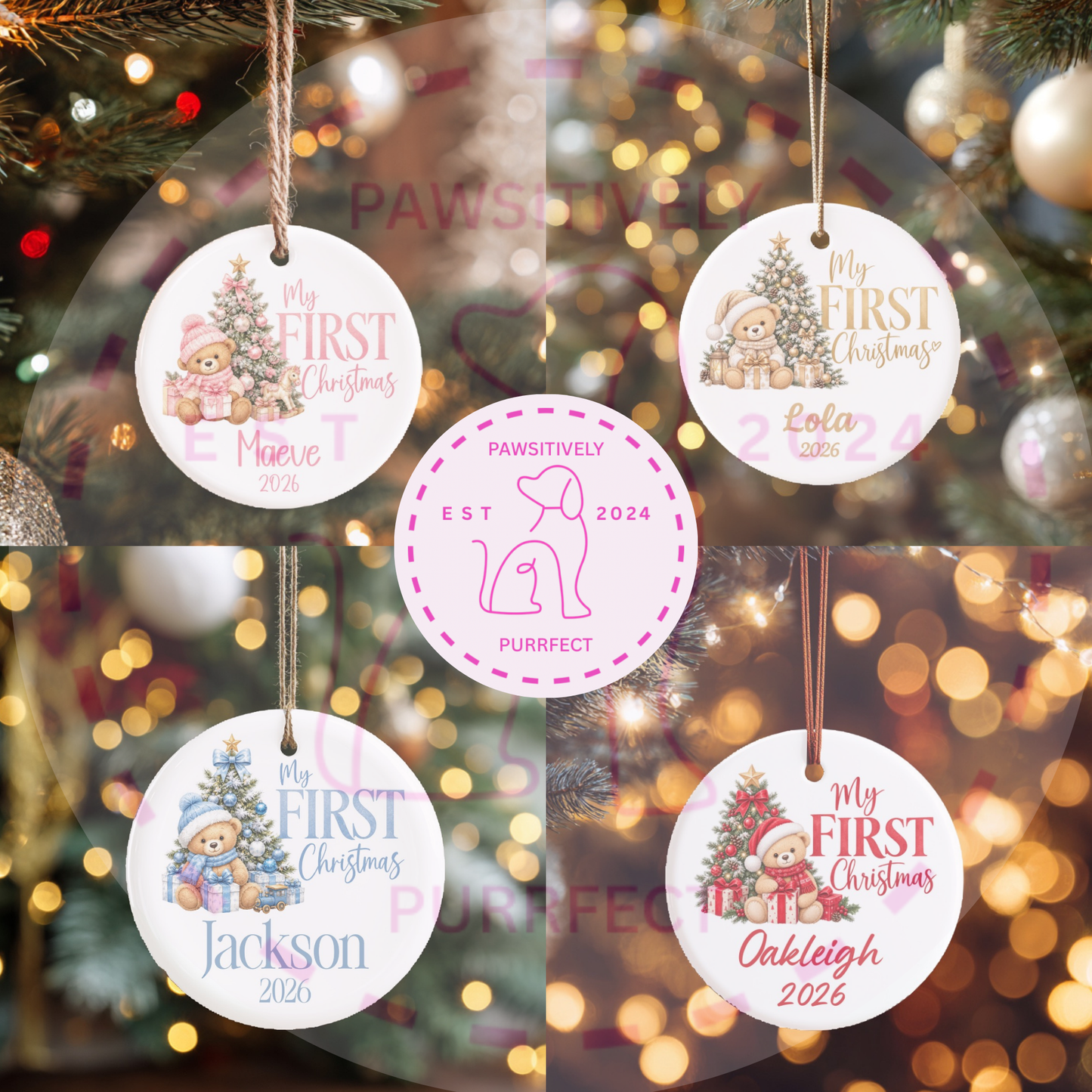 Personalised teddy bear first Christmas bauble with baby's name.