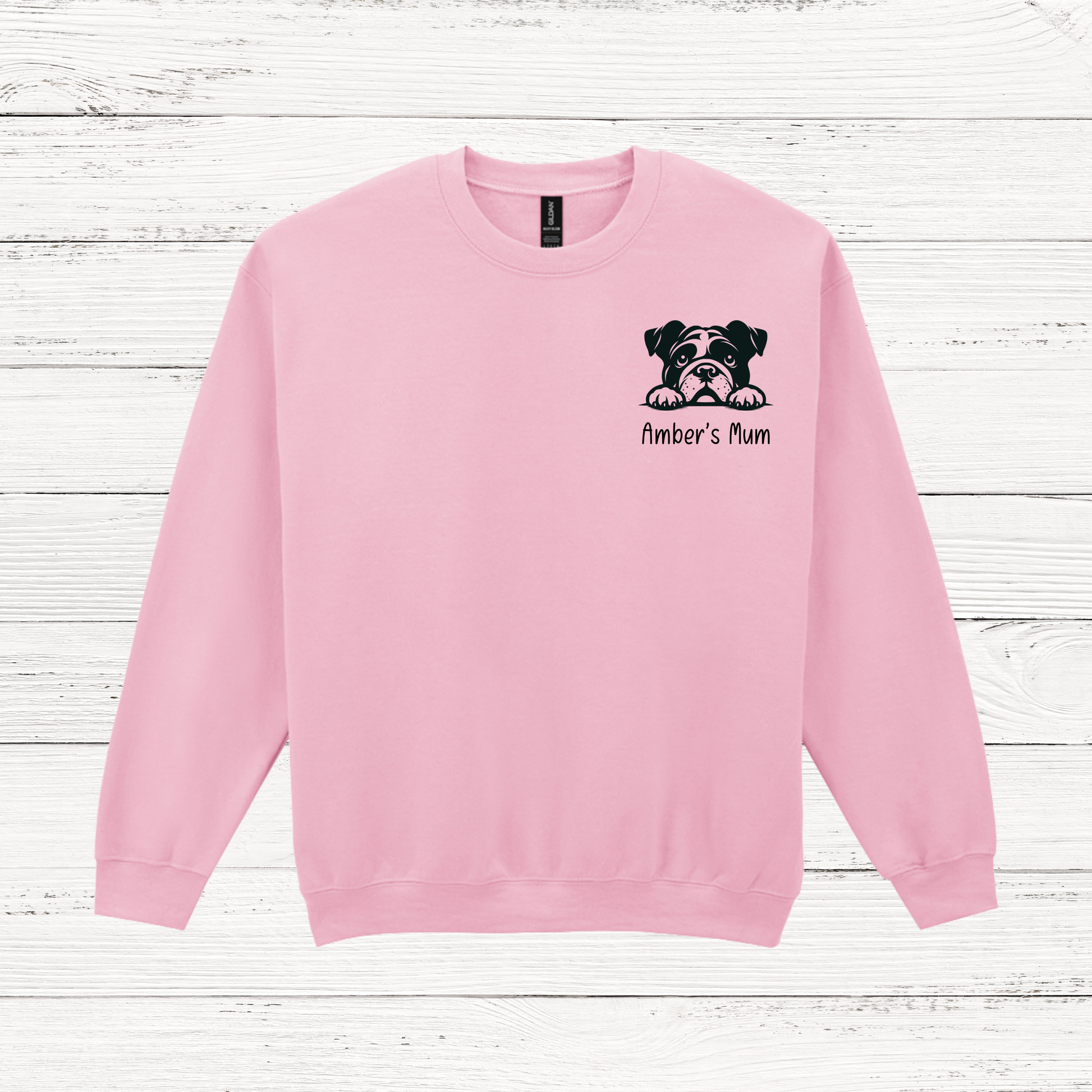 Pink personalised sweatshirt with bulldog peeking design
