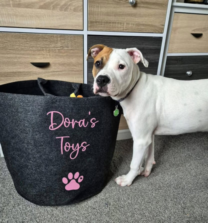 Dog standing next to a black toy storage bin with 'Dora's Toys' written on it, in a room with wooden furniture.