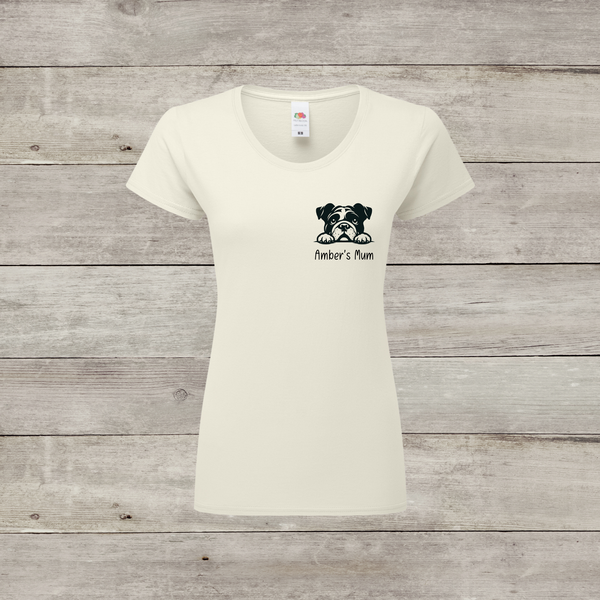 White women's T-shirt with personalised dog graphic