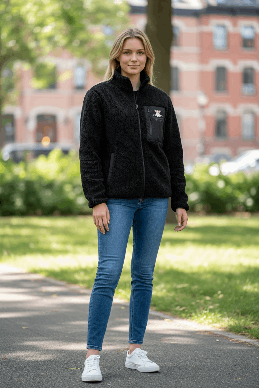 Woman wearing a black borg fleece workwear jacket outdoors